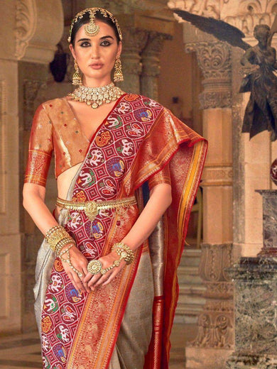 Marvelous Grey Zari Weaving Silk Wedding Wear Saree With Blouse